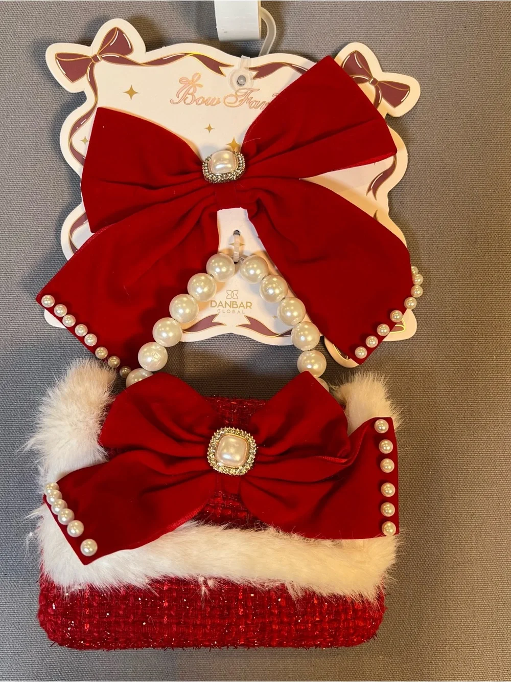 Kids Red Velvet Bow Hair Clip and Purse Set with Pearl Accents Holiday Festive